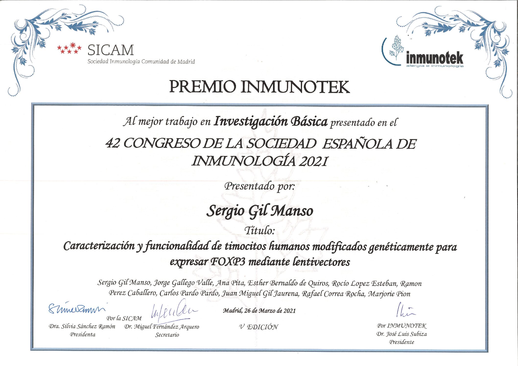 Premio SICAM – INMUNOTEK a la mejor comunicación oral en el pasado congreso SEI 2021. imagen